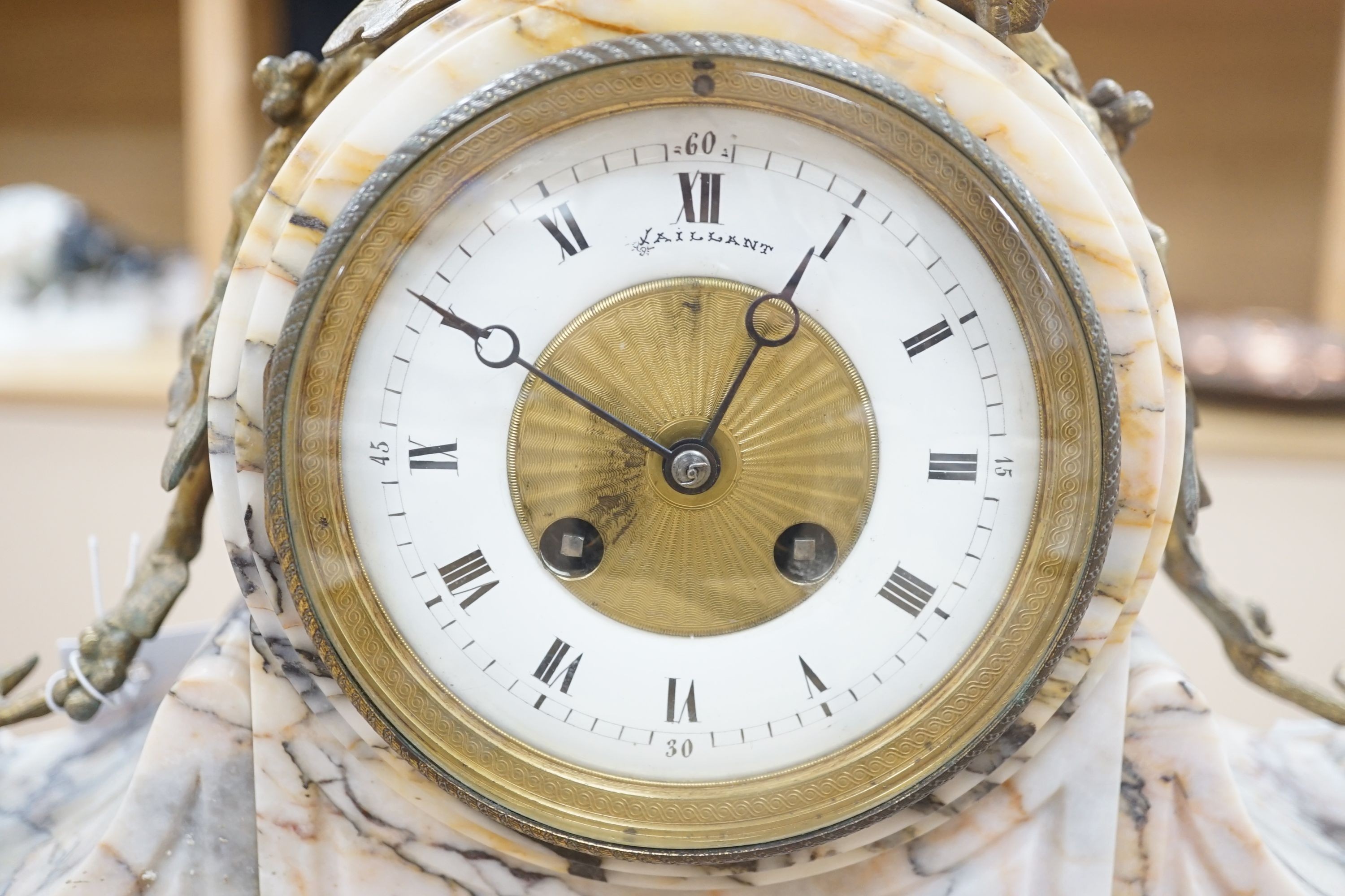 A late 19th century French marble clock garniture with bronze eagle, signed by J Moignier, height 51cm